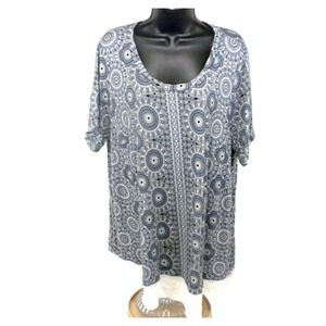 Rose & Olive Top‎ 2X Blue Layered Hem Cochiwan Aztec Tunic Shirt Blouse Artsy